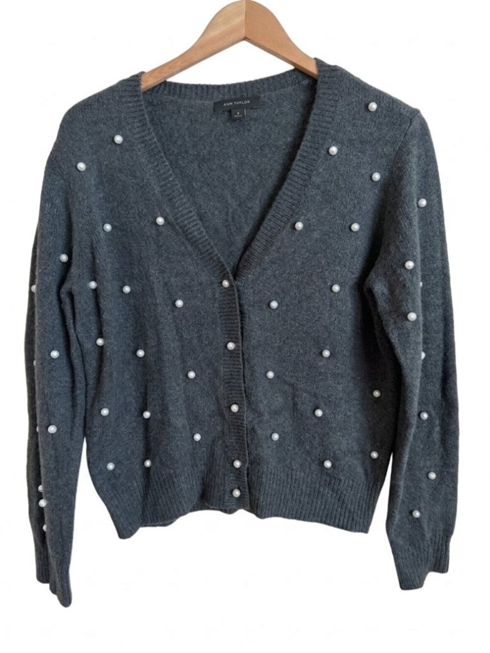 Ann Taylor Pearl Embellished V Neck Button Cardigan Sweater M Gray Coquette